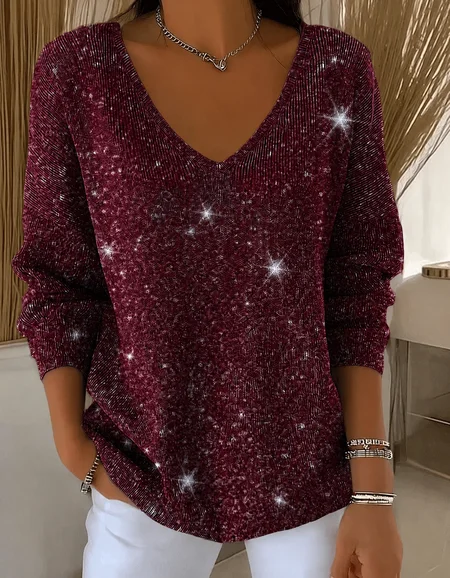 Women Random Print Printing Casual Long Sleeve V Neck Cotton Spring/Fall Sweater JustFashionNow