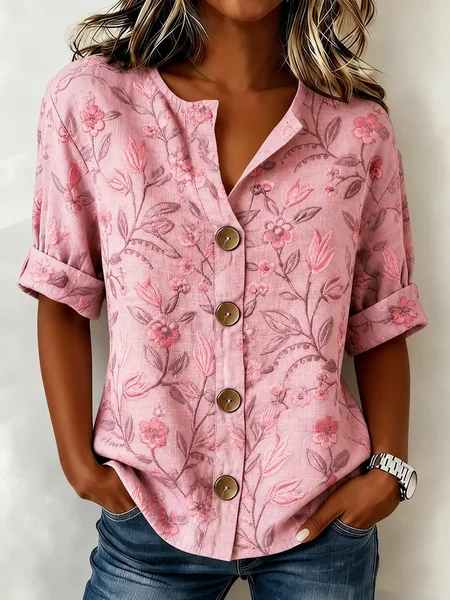 Women Floral Henley Collar Long Sleeve Shirt Printing Casual Daily Spring/Fall Top JustFashionNow
