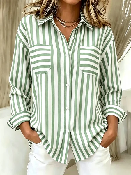 Navy White Striped Lightweight Long Sleeve Women Casual Button Shirt JustFashionNow