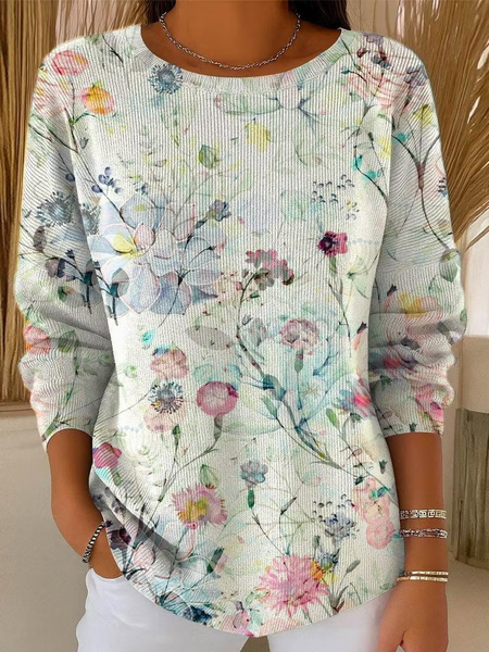 Women Floral Printing Casual Long Sleeve Crew Neck Spring/Fall Sweater JustFashionNow
