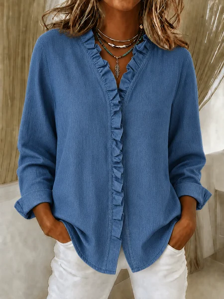 Women Plain Shirt Collar Long Sleeve Shirt Printing Vintage Daily Spring/Fall Top JustFashionNow