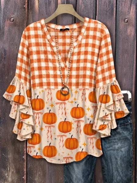 Women Plaid V Neck Half Sleeve Shirt Printing Casual Daily Summer Top JustFashionNow
