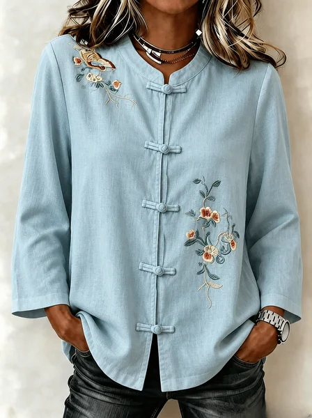 Women Floral Mandarin Collar Long Sleeve Shirt Casual Daily Spring/Fall Top JustFashionNow