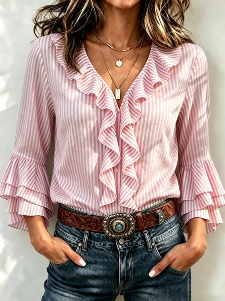 Women Striped V Neck Three Quarter Sleeve Shirt Vintage Daily Spring/Fall Top JustFashionNow