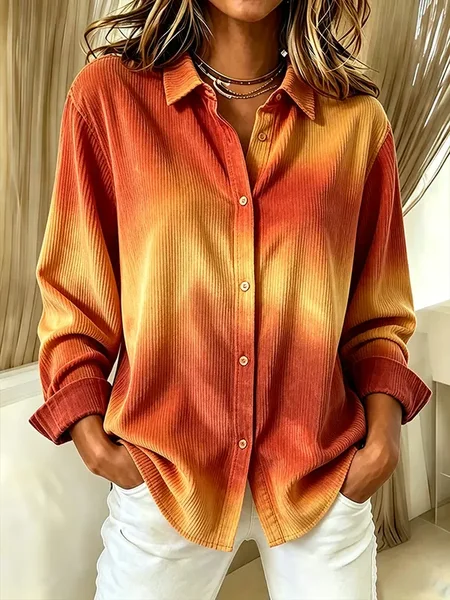 Women Ombre Shirt Collar Long Sleeve Shirt Buckle Regular Sleeve Casual Daily Spring/Fall Top JustFashionNow