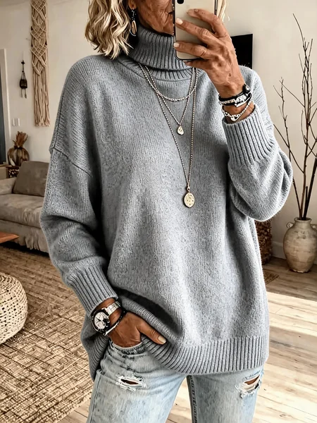 Women Plain Casual Long Sleeve Turtleneck Spring/Fall Sweater JustFashionNow