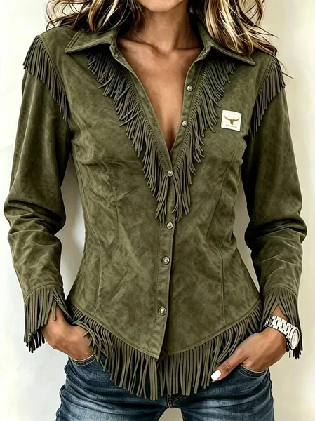 Women Plain Shawl Collar Long Sleeve Shirt Vintage Holiday Spring/Fall Top JustFashionNow