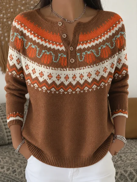 Women Abstract Graphic Vintage Long Sleeve Half Open Collar Imitation Cashmere Spring/Fall Sweater JustFashionNow