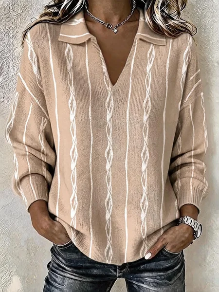 Women Geometric Casual Long Sleeve V Neck Spring/Fall Sweater JustFashionNow