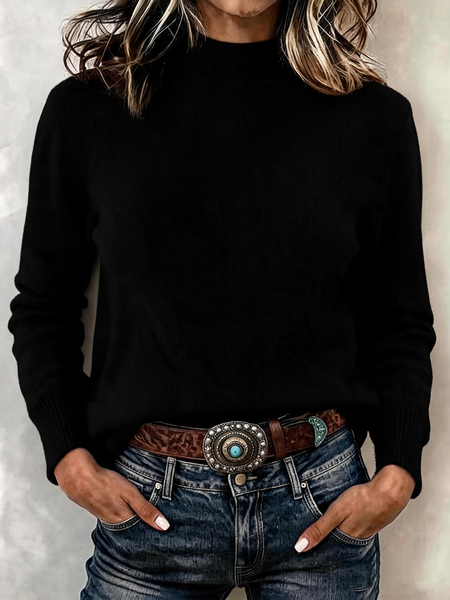Women Plain Casual Long Sleeve Mock Neck Spring/Fall Sweater JustFashionNow