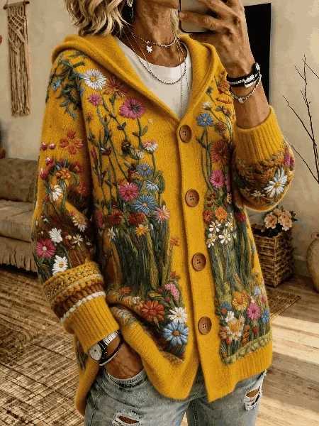 Women Floral Long Sleeve Hoodie Vintage Spring/Fall Cardigan Outerwear JustFashionNow