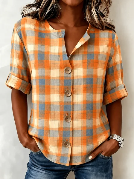 Women Plaid Shirt Collar Three Quarter Sleeve Shirt Casual Daily Spring/Fall Top JustFashionNow