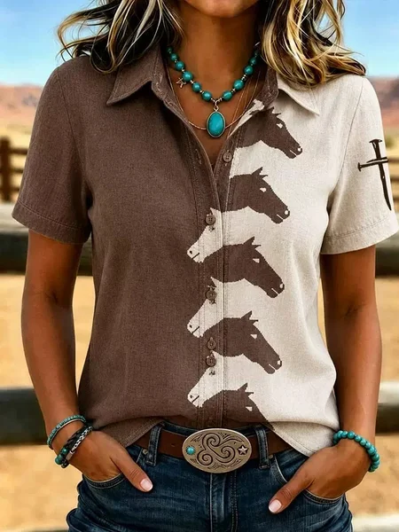 Women Color Block Shawl Collar Short Sleeve Shirt Vintage Daily Summer Top JustFashionNow
