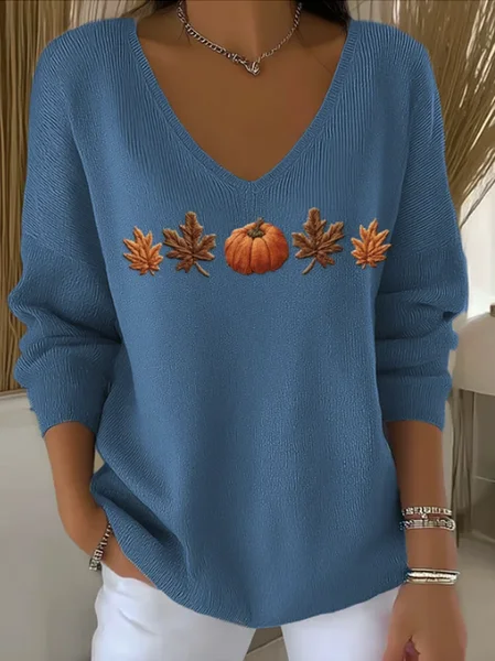 Women Floral Spring/Fall Casual Long Sleeve V Neck Cotton Sweater JustFashionNow