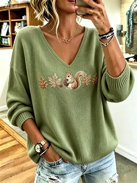Women Animal Casual Long Sleeve V Neck Spring/Fall Sweater JustFashionNow