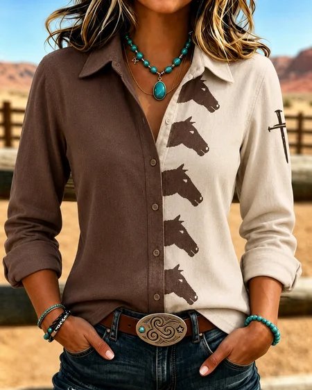 Women Color Block Shirt Collar Long Sleeve Shirt Printing Vintage Daily Spring/Fall Top JustFashionNow