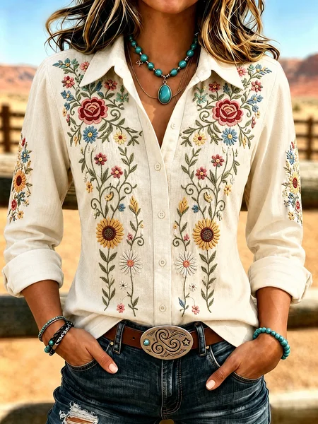 Women Floral Pattern Shirt Collar Long Sleeve Shirt Printing Vintage Daily Spring/Fall Top JustFashionNow