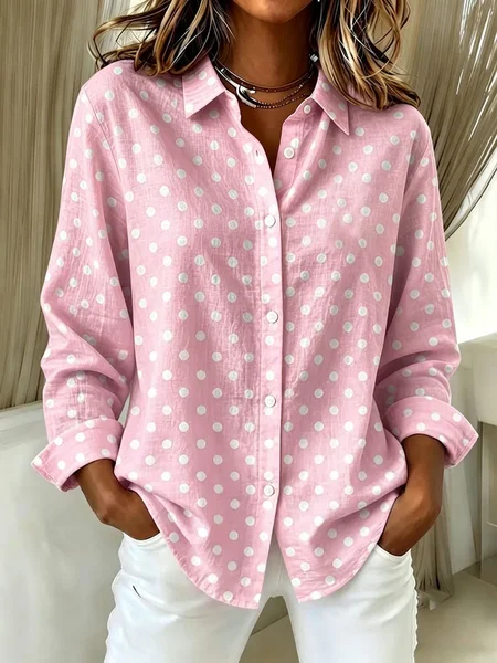 Women Polka Dots Shirt Collar Long Sleeve Shirt Buckle Regular Sleeve Casual Daily Spring/Fall Top JustFashionNow