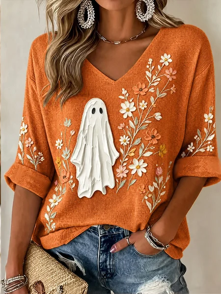Women Floral Casual Long Sleeve V Neck Spring/Fall Sweater JustFashionNow