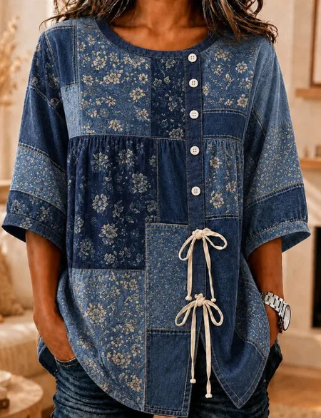 Women Floral Crew Neck Half Sleeve Shirt Vintage Daily Summer Top JustFashionNow