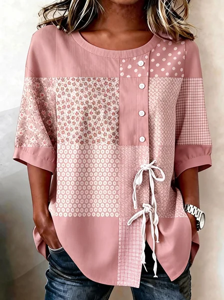 Women Geometric Crew Neck Half Sleeve Shirt Vintage Daily Summer Top JustFashionNow