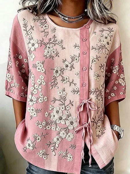 Women Floral Crew Neck Half Sleeve Shirt Casual Daily Summer Top JustFashionNow