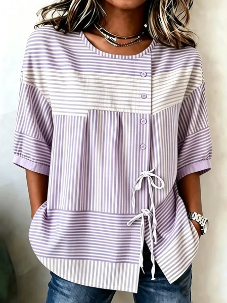 Women Striped Crew Neck Half Sleeve Shirt Casual Daily Summer Top JustFashionNow
