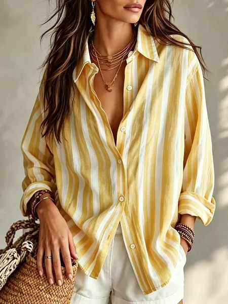 Women Striped Shirt Collar Long Sleeve Shirt Printing Vintage Daily Spring/Fall Top JustFashionNow