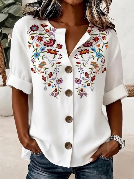 Women Floral Henley Collar Long Sleeve Shirt Casual Daily Spring/Fall Top JustFashionNow