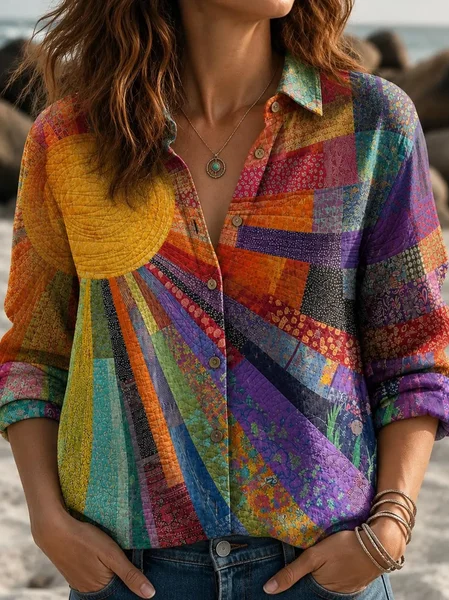 Women Sun Shirt Collar Long Sleeve Shirt Printing Vintage Daily Spring/Fall Top JustFashionNow