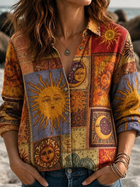 Women Ethnic Shirt Collar Long Sleeve Shirt Printing Vintage Daily Spring/Fall Top JustFashionNow