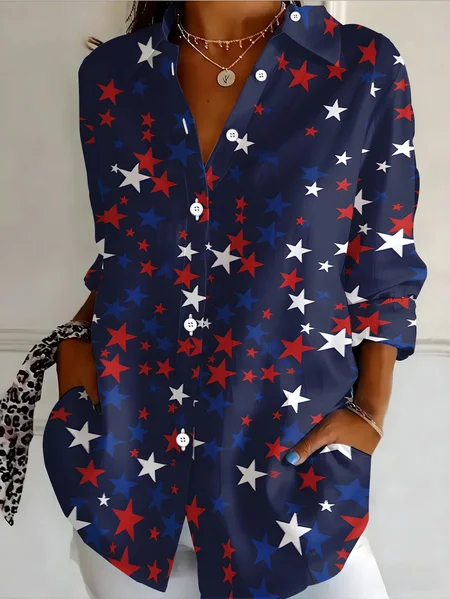 Women 4th of July Patriotic Shirt Star Shirt Collar Long Sleeve Button Front Regular Sleeve Casual Daily Spring/Fall Top JustFashionNow