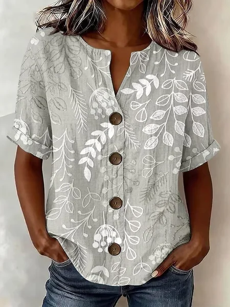 Women Floral Stand Collar Long Sleeve Shirt Buckle Casual Daily Spring/Fall Top JustFashionNow