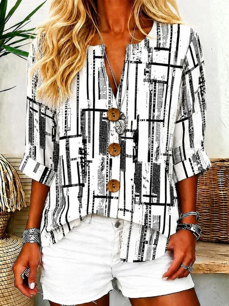 Women Abstract Graphic Stand Collar Three Quarter Sleeve Shirt Vintage Daily Spring/Fall Top JustFashionNow