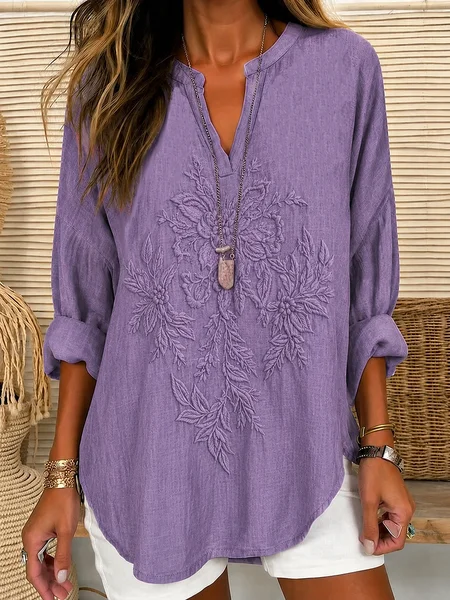 Women Floral V Neck Long Sleeve Shirt Printing Vintage Daily Spring/Fall Top JustFashionNow