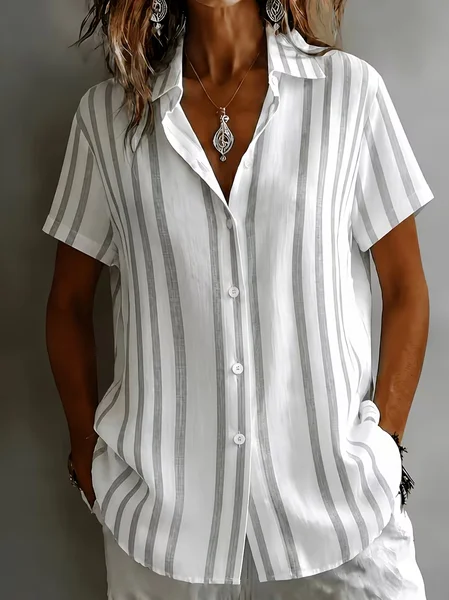Women Striped Shirt Collar Short Sleeve Shirt Casual Daily Summer Top JustFashionNow