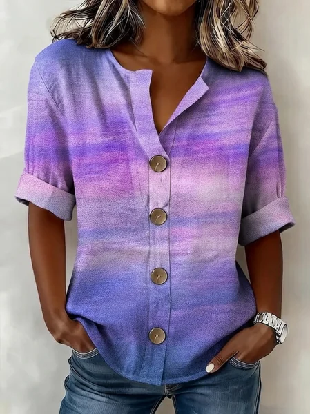 Women Ombre V Neck Half Sleeve Shirt Casual Daily Summer Top JustFashionNow