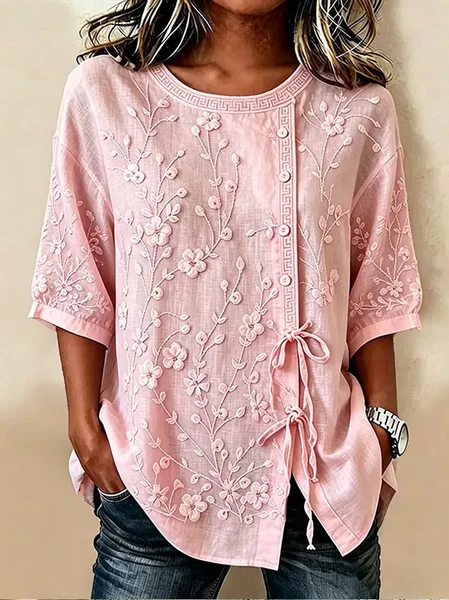 Women Striped Crew Neck Half Sleeve Shirt Vintage Daily Summer Top JustFashionNow
