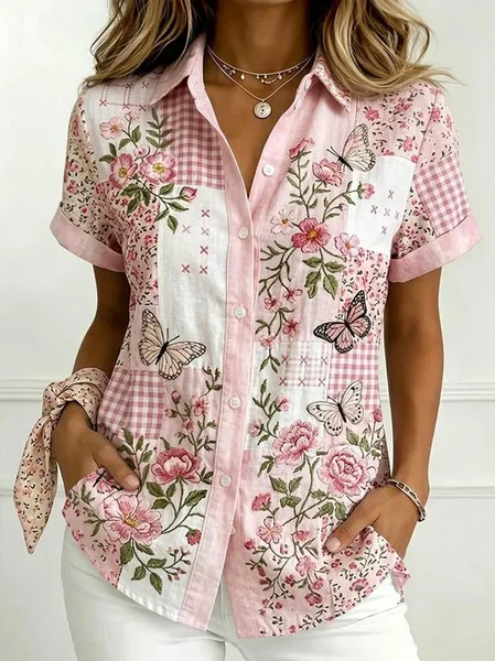 Women Geometric Shawl Collar Short Sleeve Shirt Vintage Daily Summer Top JustFashionNow