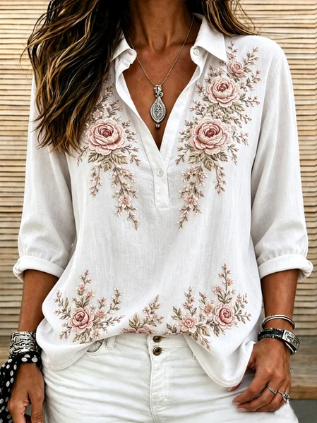Women Floral Shawl Collar Long Sleeve Shirt Casual Daily Spring/Fall Top JustFashionNow