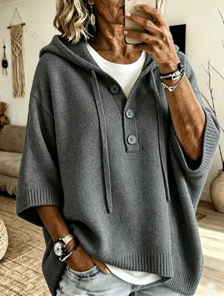 Women Plain Casual Half Sleeve Half Open Collar Yarn/Wool Yarn Spring/Fall Sweater JustFashionNow
