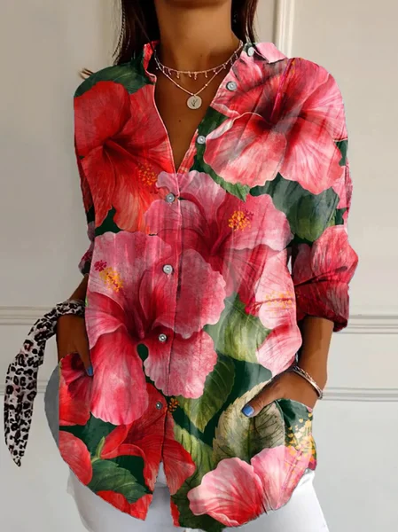 Women's Stripes Floral Long Sleeve Shirt Spring/Fall Shirt Collar Daily Casual Top JustFashionNow