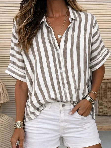 Women Striped Shirt Collar Short Sleeve Shirt Printing Casual Daily Summer Top JustFashionNow