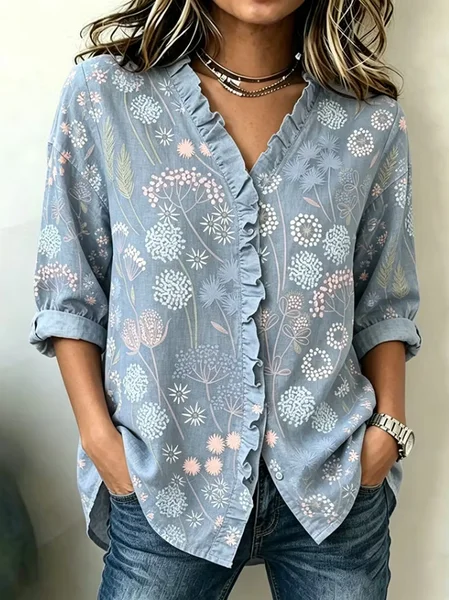 Women Floral V Neck Long Sleeve Shirt Casual Daily Spring/Fall Top JustFashionNow