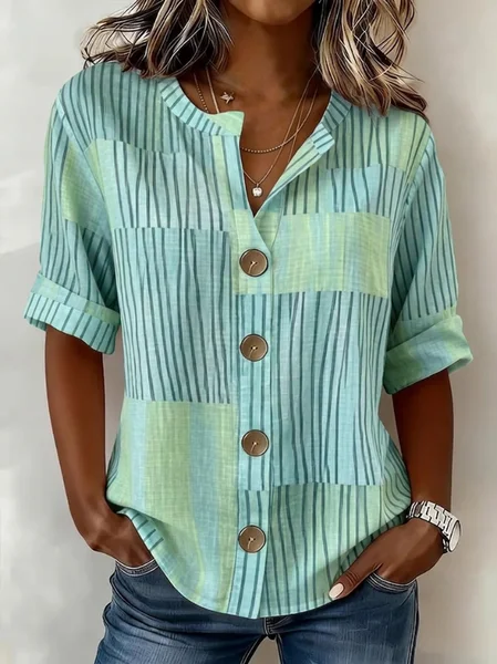 Women Striped Stand Collar Long Sleeve Shirt Vintage Daily Spring/Fall Top JustFashionNow