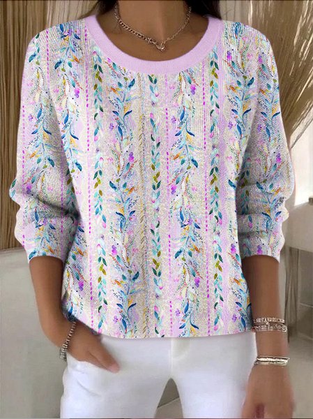 Women Floral Vintage Long Sleeve Crew Neck Cotton Spring/Fall Sweater JustFashionNow