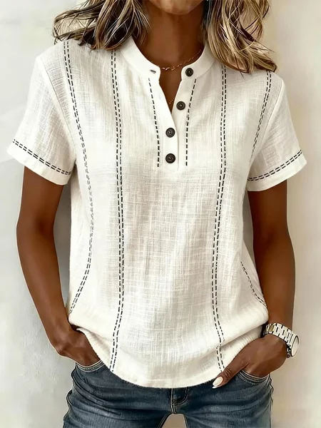 Women Striped V Neck Short Sleeve Shirt Printing Casual Daily Summer Top JustFashionNow