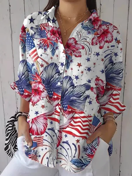 Women 4th of July Patriotic Floral Shirt Three Quarter Sleeve Shirt Collar Casual Print Daily Spring/Fall Top JustFashionNow