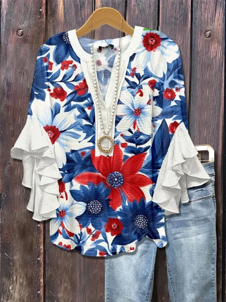 Women 4th of July Patriotic Floral Shirt Half Sleeve V Neck Shirt Printed Casual Daily Summer Top JustFashionNow