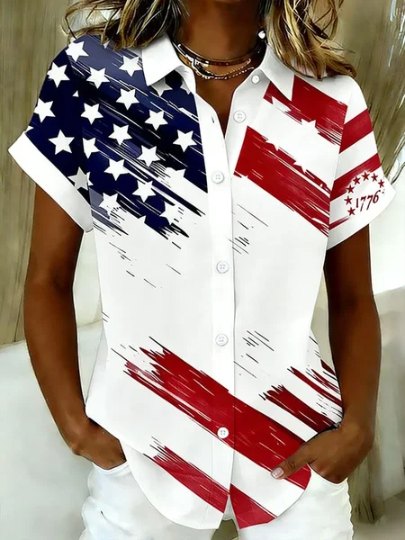 Women 4th of July Patriotic Shirt America Flag Shirt Collar Short Sleeve Casual Print Daily Summer Top JustFashionNow